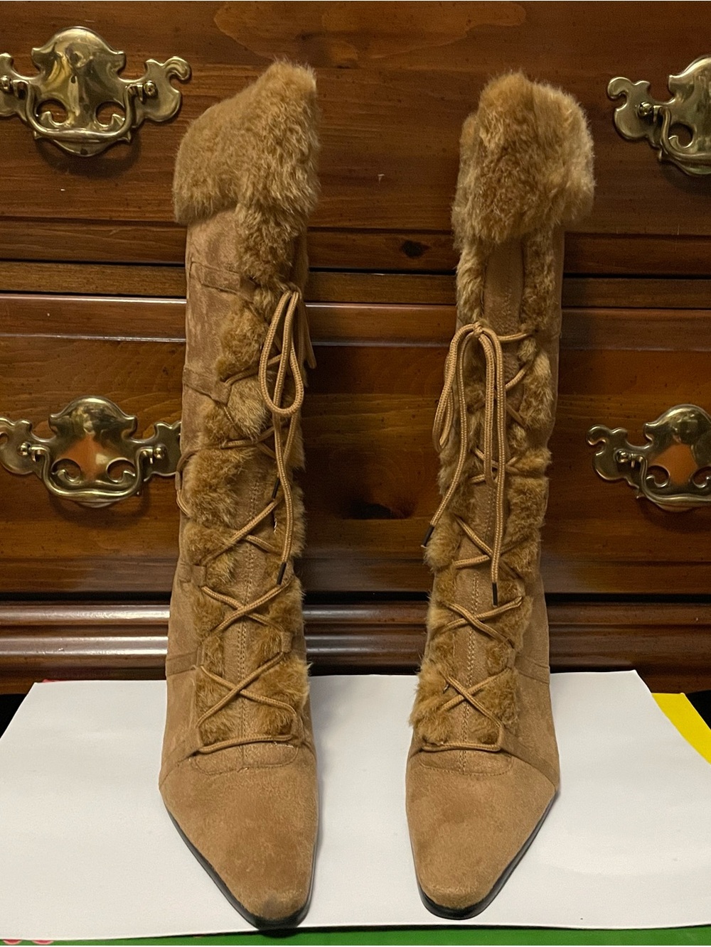 TOP Moda Tan Faux-Fur Lace-Up Knee Boots